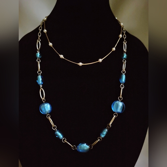 SALE ! Necklaces Blue Polished Glass & Silver necklace & Gold & White necklace 2 - Picture 4 of 9